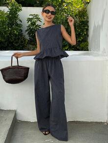 DAZY 少女条纹荷叶边无袖衬衫和裤子套装 - 藏蓝色 - 查看 2