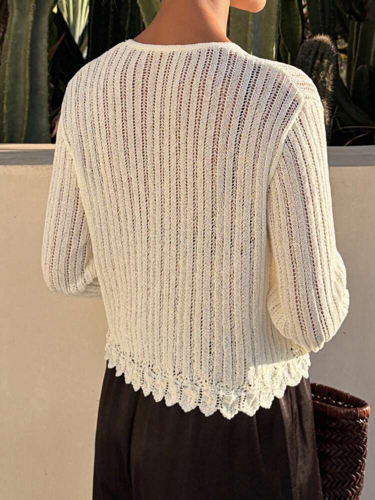 Women's Solid Color Patchwork Lace Trim Lightweight Casual Vacation Thin Knit Cardigan, Summer