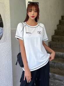 DAZY Letter Graphic Top-stitching Raglan Sleeve Tee - White - View 7