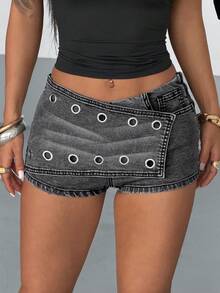 StreetHx Women's Low-Waist Fashionable Sexy Denim Skirt Pants With Keyhole Design - Grey - View 4