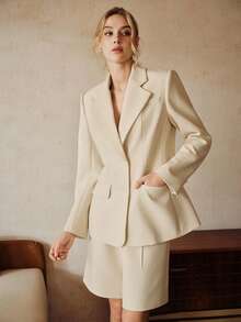 Anewsta 2pcs/Set Spring & Autumn Urban Chic Mustard Yellow Women's Suit Set, Lapel Long Sleeve Office Commute Blazer Jacket + High Waist Short Suit Pants - Light Yellow - View 10