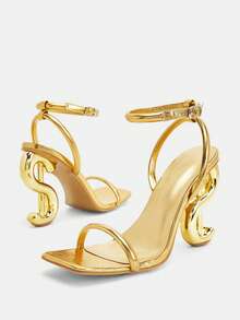 Glitzique Women's Fashion Square Toe Goldcolor Rhinestone Decor Transparent Glamorous Party High Heel Sandals, Suitable For Going Out Spring Shoes Summer Shoes - Gold - View 3