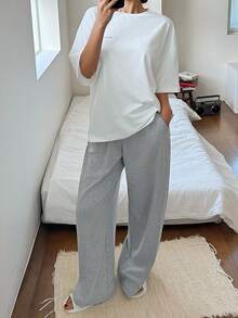 DAZY 女士休闲宽松印花T恤和直筒裤两件套，夏季 - 白色 - 查看 5