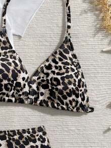 少女豹纹樱桃针织比基尼三件套，可爱挂脖侧系带网纱袖泳衣，时尚休闲优雅泳装，适合游泳、海滩、泳池、夏季度假等场合。 - 彩色 - 查看 3