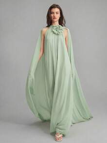 Ontre Robe extra longue pour femmes 2026 SS, convient pour tenue de plage, tenue de vacances, festival de musique style country, tenue d'invitée de mariage, tenue de rendez-vous romantique, vêtements d'extérieur pour femmes, robe maxi en mousseline avec décoration florale 3D et col à volants pour femmes, robe de soirée de fête, robe de saison de mariage, tenue élégante pour femmes, robe extra longue polyvalente et à la mode pour femmes - Vert - Voir 7