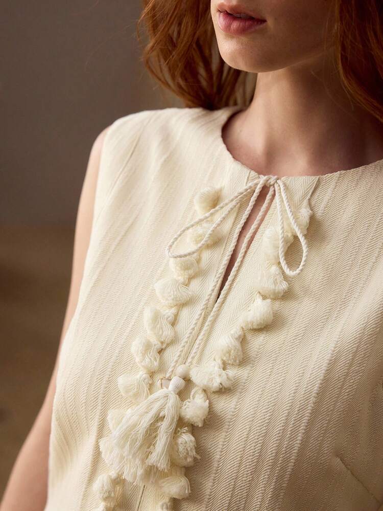 WOMEN'S APRICOT SLEEVELESS A-LINE DRESS WITH FRINGE DECOR