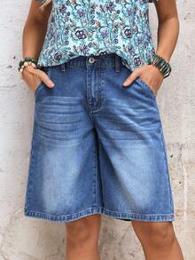 EMERY ROSE Women's Loose Casual Bermuda Denim Shorts With Pockets Blue Jean Shorts Women Mom Shorts For Women Baggy Jean Shorts - Blue - View 3