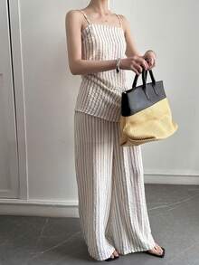 Livesso Ensemble Top sans manches style bohème rayé et pantalon droit ample, style décontracté chic pour le printemps et l'été. Tenue élégante pour les vacances, la plage et les déplacements. Ensemble de détente pour femmes. - Beige - Voir 6