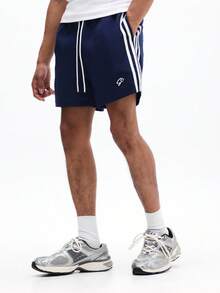 SUMWON Men's Navy Side Stripe Drawstring Summer Casual Shorts With White Contrast Athletic Tape Detail - Royal Blue - View 4