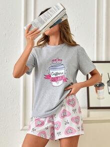 SHEIN 纯棉女士两件套咖啡卡通图案睡衣T恤+爱心图案睡裤舒适睡衣家居服套装 - 彩色 - 查看 5