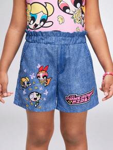 THE POWERPUFF GIRLS X SHEIN Young Girls' Casual Cartoon Print Denim Effect Shorts, Summer - Blue - View 5