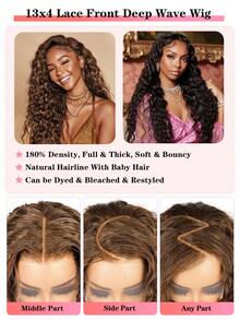 Chocolate Brown Color #4 Deep Wave Lace Front Wig Human Hair 13X4 Transparent Curly Human Hair Wigs Lace Front 180% Density Brazilian Virgin Wigs Pre Plucked With Baby Hair - S4 - View 9