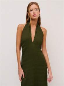 Nöista Olive Green Halter Dress With A Textured Fabric With A Crisscross Neckline And Fringe Hem. Summer, , Boho-Chic, Evening Wear, Spring, Festival. - Army Green - View 3
