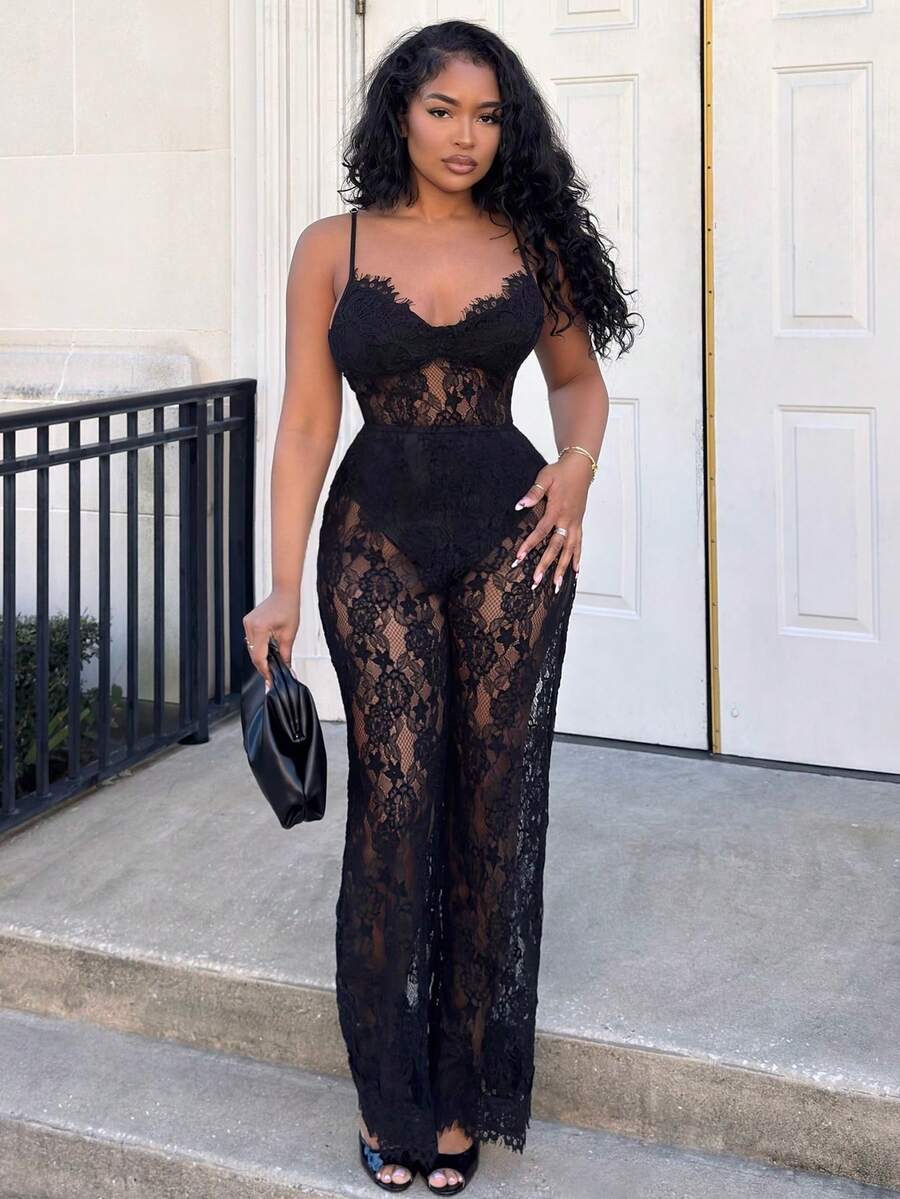 Alexandranx 纯黑色性感透明蕾丝连体裤，优雅女士内衣，日常约会装，外出装，派对装，不对称阔腿连体裤，情人节连体裤，休闲连体裤，优雅连体裤 - 黑色 - 查看 1