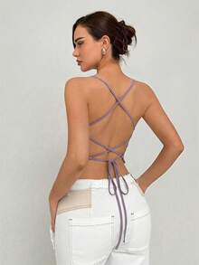 Aloruh Camiseta sin espalda con cuello halter de encaje romántica para mujer - Morado - Ver 2