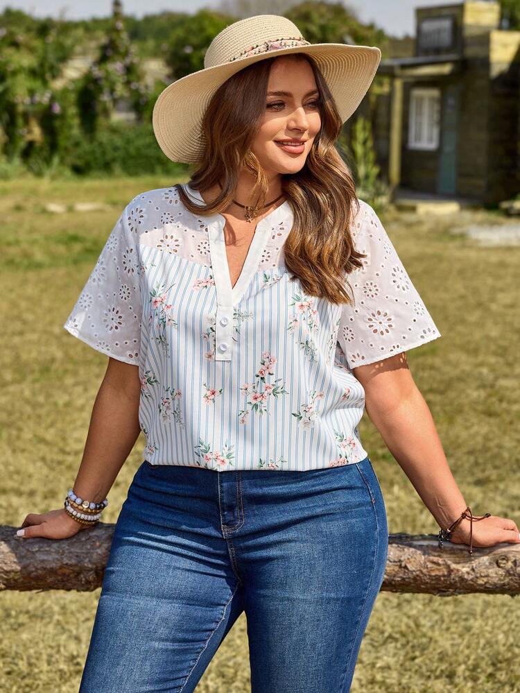 Plus Size Casual Vacation Fashionable Women's V-Neck Blouse With Floral Stripes And Eyelet Sleeves Versatile Tunic Top For A Relaxed Look Summer Outfit For Plus Size Women Festival Outfits For Plus Size Women Beach Outfits For Plus Size Women Vacation Outfits Plus Size  Women Country Concert Outfit  Boho Outfit