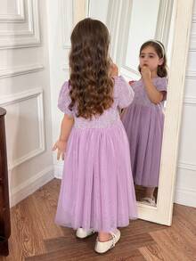 DAZY Young Girl Round Neck Puff Sleeve Little Lace Tulle Dress, Fall Outfit - Purple - View 2