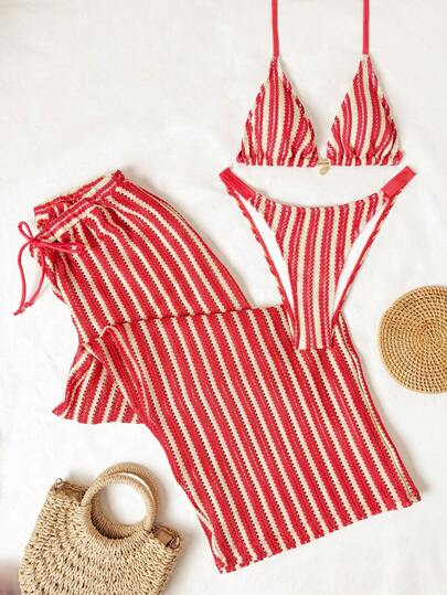 Slaydiva Plus Size Women 3 Pieces Set: Gold Jewelry, Triangle Halter, Elegant Pants, Casual Swimsuit