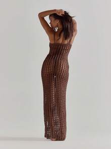 MUSERA Square Neck Skinny Strap Maxi Floor Length Crochet Dress Cute Beach Coverup Summer Spring Holiday Going Out Swim Sexy Crochet Knit - Coffee Brown - View 2
