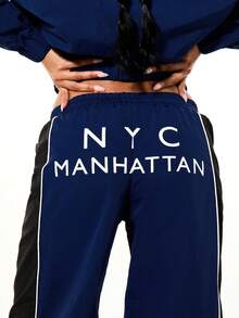 SUMWON WOMEN Women's Navy Manhattan Track Pants With Star Embellishments And Color Block Design Athleisure Joggers For Casual Everyday Wear - Blue - View 4