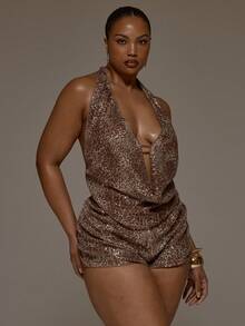 MUSERA Áo kiểu cổ yếm khoét sâu, đính sequin, cỡ lớn, mùa xuân hè, dễ thương, thanh lịch, hẹn hò, dự tiệc, lễ hội, kỳ nghỉ, đi biển, gợi cảm, quyến rũ. - Màu Khaki - Xem 1