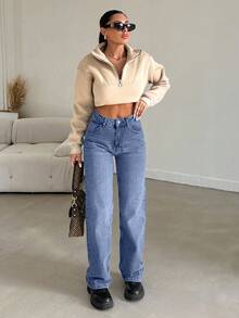 EURMUSE 100%Cotton Zipper Fly Straight Leg Jeans - Baby Blue - View 5