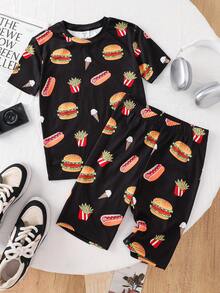 SHEIN 2 piezas Conjunto de pijama de niño preadolescente ajustado con estampado de hamburguesa y papas fritas, de cuello redondo y manga corta, camiseta y pantalones cortos suaves y cómodos, adecuado para primavera/verano, hogar, fiesta - Negro - Ver 4