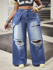 Slaydiva Plus Size Women Pocket Button Distressed Casual Versatile Daily Wear Wide Leg Jeans - Blue - View 1