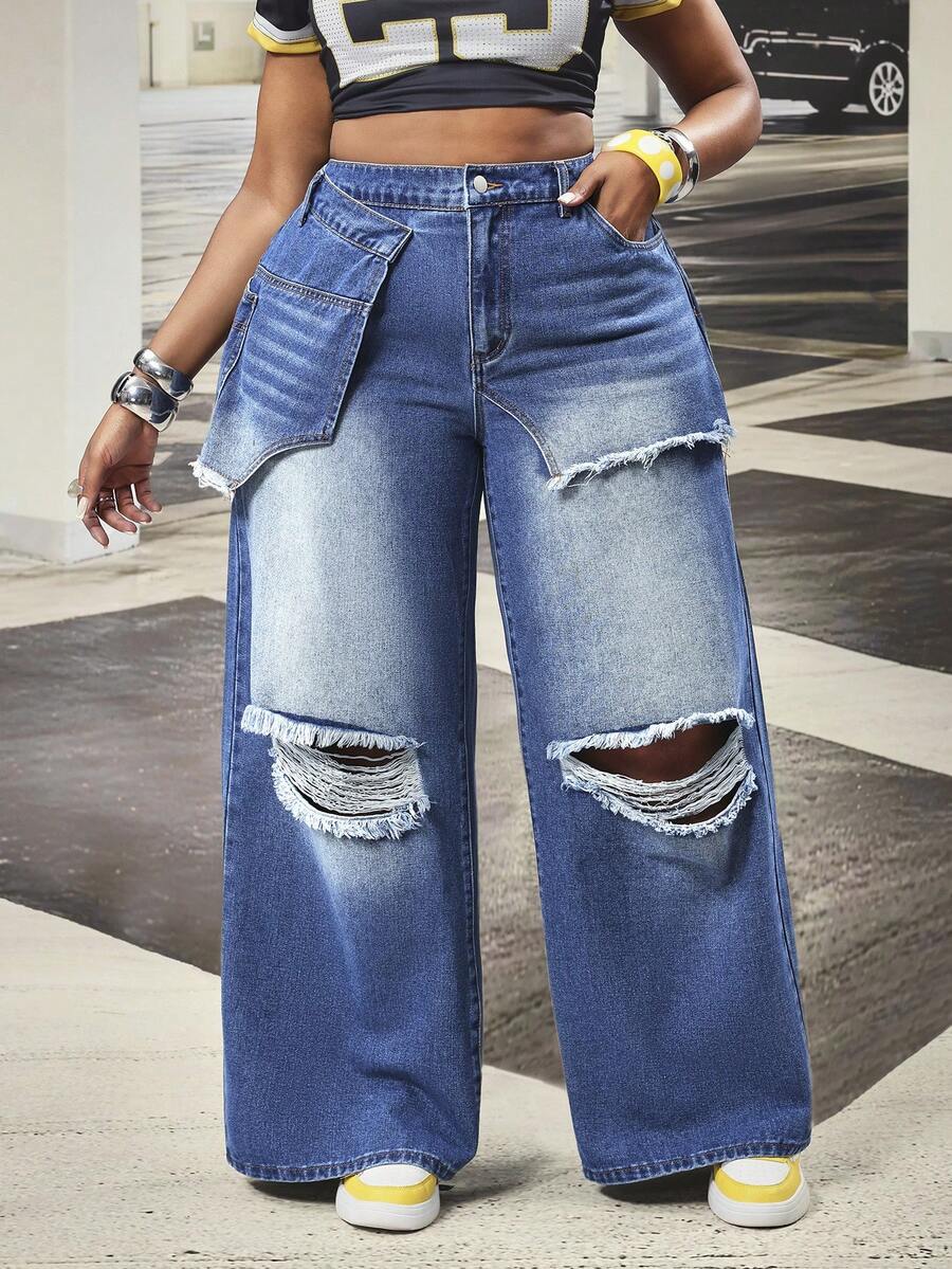 Slaydiva Plus Size Women Pocket Button Distressed Casual Versatile Daily Wear Wide Leg Jeans - Blue - View 1