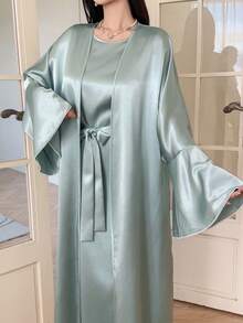 DAZY Women's Elegant Solid Color Round Neck Sleeveless Dress With Belt & Flare Sleeve Robe, 2-Piece Set, Spring/Summer - Green - View 6