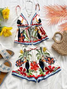 Soleia Conjunto informal de 2 piezas de top de tirantes y shorts con estampado de plantas tropicales para mujer - Multicolor - Ver 4