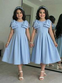 Gaun Anak Perempuan Remaja Musim Semi/Panas Elegan dengan Hiasan Manik-Manik dan Pita Biru Besar - Biru - View 4