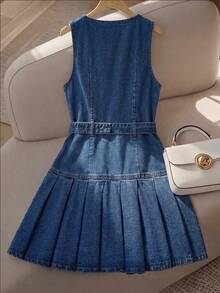 GlowEve 夏季休闲无袖褶裥下摆系带牛仔连衣裙 - 藍色 - 查看 2