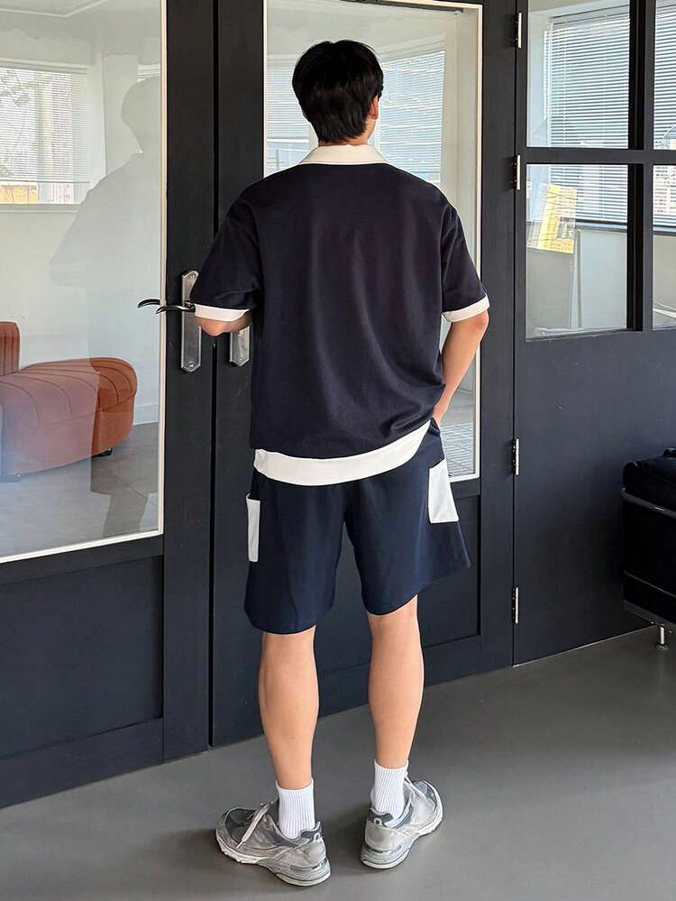 Men's Summer Patchwork Contrast Collar & Cuff Polo Shirt And Drawstring Waist Shorts Set