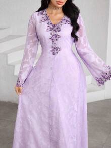 Al Najma 粉色长袖V领刺绣花卉边饰优雅喇叭裙摆女式连衣裙 - 紫色 - 查看 2