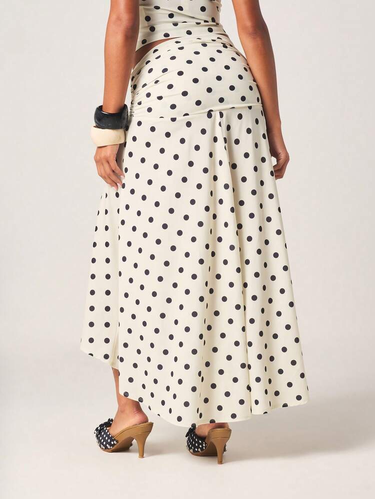 MISSGUIDED Women's Polka Dot Midaxi Asymmetric Skirt Cream Black High Low Hem Ruched Waist Flowing Chiffon Summer Party Feminine Vintage Inspired Fashion