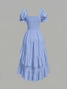 SHEIN MOD Đầm nữ màu trơn tay cánh hoa có dây rút, vạt bèo nhún, vạt trước ngắn vạt sau dài. - Màu xanh lam - Xem 2