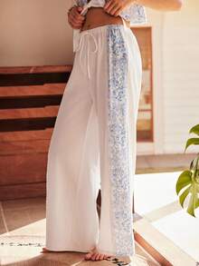 Lullawish Women's Floral Print Tie Front Top And Wide Leg Pants Casual Loungewear Set - Baby Blue - View 6