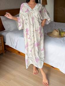DAZY Floral V-Neck Short Sleeve Loose Long Dress, Women Summer Sleepwear Pajamas - Mauve Purple - View 8