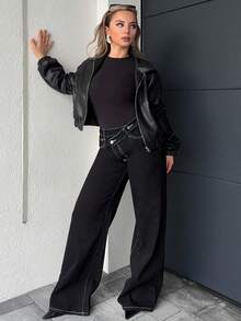 Jeta Ari 女士时尚休闲不对称腰带宽松牛仔裤 - 黑色 - 查看 1