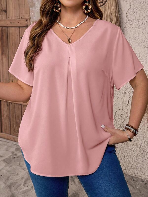 EMERY ROSE Blusa casual de manga corta con cuello en V y fruncido, talla grande, unicolor, elegante, para uso casual y de vacaciones en el campo. Sencilla y de moda para uso diario. Blusas de verano para mujer. Conjuntos de verano para mujer.