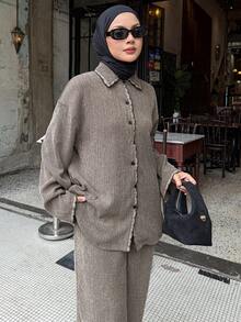 DAZY 女款素色長袖單排扣上衣與寬腿褲休閒兩件套 - 棕色 - 查看 7