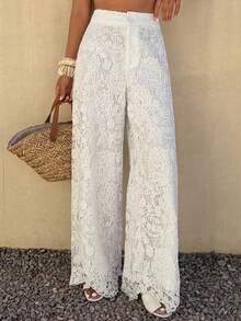 Livesso Women's Casual Vacation Style Lace Patchwork Wide Leg White Pants, Spring/Summer - White - View 5
