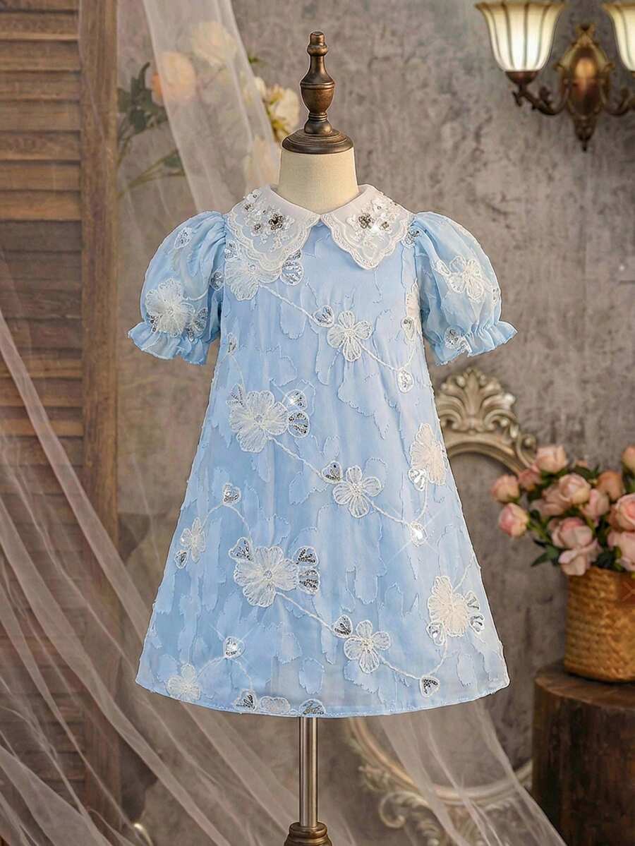 SHEIN 年轻女孩优雅花卉网纱连衣裙 - 淺藍色 - 查看 1