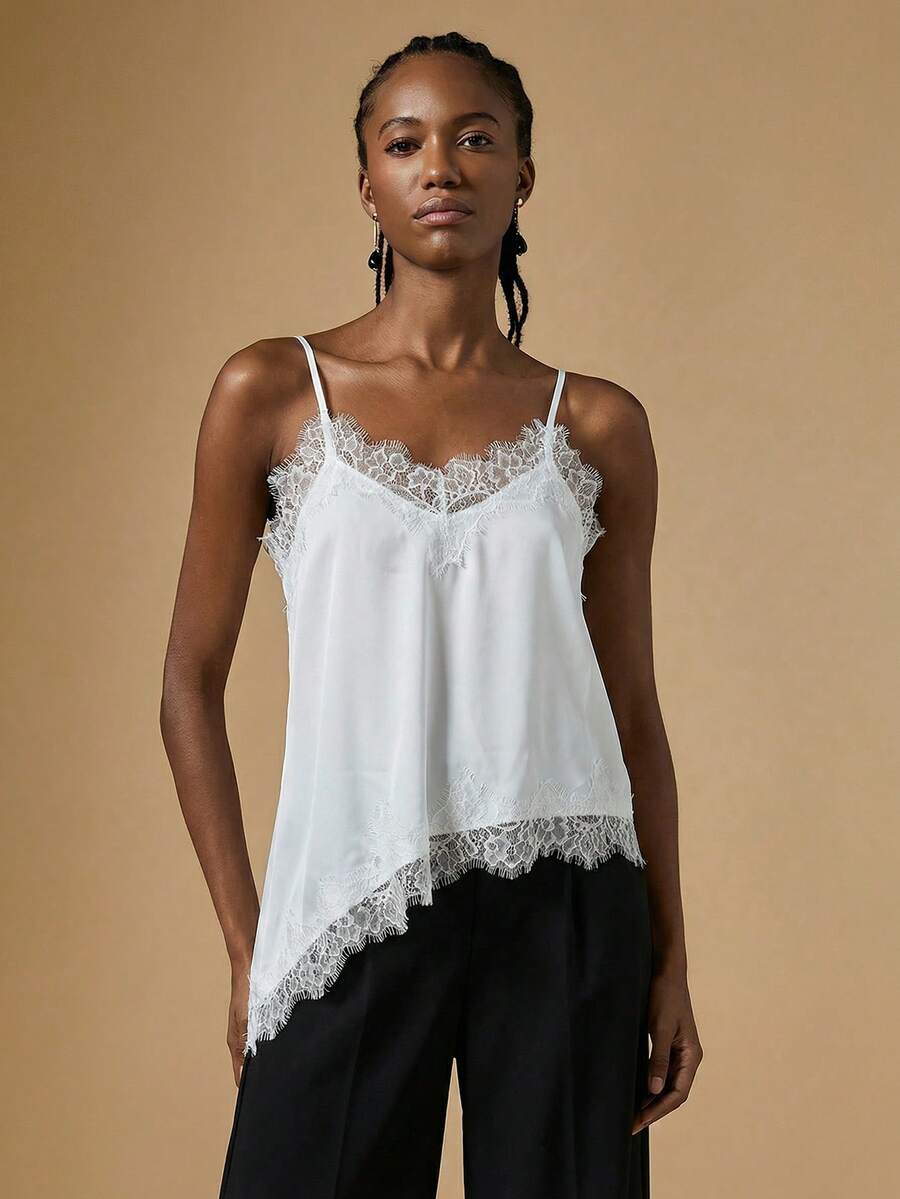 Briarwyn 女士优雅纯色蕾丝拼接不对称下摆吊带背心，夏季必备 - 白色 - 查看 1