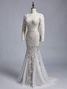 Glamrae Petite 优雅奢华的白色对比蕾丝细节透视长袖，经典法式透视蕾丝修身鱼尾婚纱，扇形下摆，网纱薄纱美人鱼款婚纱，带长拖尾。 - 白色 - 查看 13