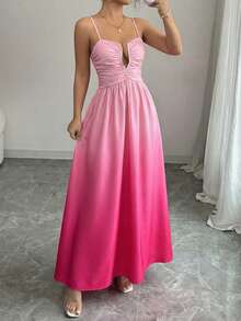 Elenzga 1pc Women's Spring/Summer Gradient Ruched Hollow Halter Waist A-Line Dress, Elegant Vacation Outfit - Pink - View 3