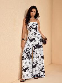 JIAN LASALA 全身印花细肩带编织无袖阔腿女士夏季连体裤休闲款 - 黑與白 - 查看 5