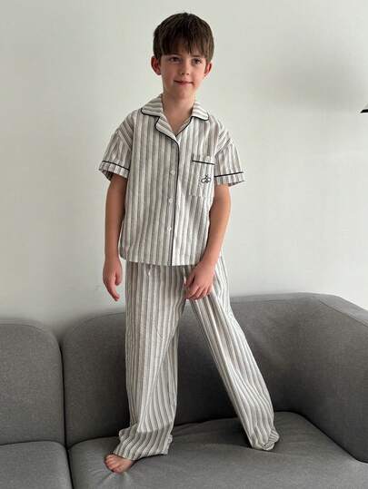 DAZY Tween Boy Striped Short Sleeve Single-Breasted Pocket Top And Pants Pajama Set