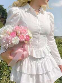 SHEIN MOD Áo kiểu dáng cỡ lớn tay loe, viền bèo nhún, tay phồng, màu trắng, eo thon. - trắng - Xem 1